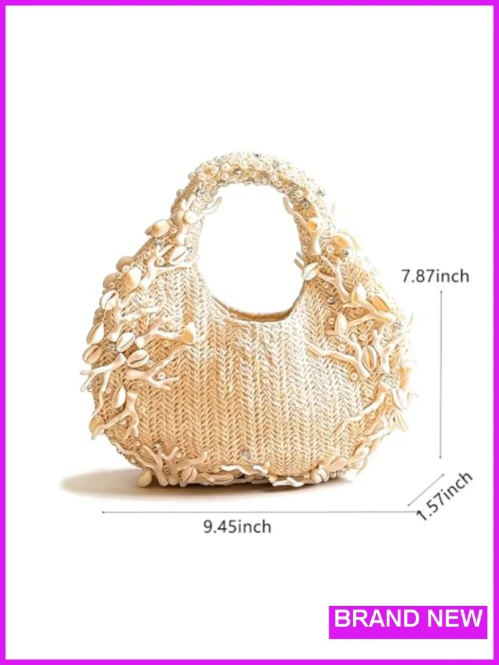 Shell Beaded Straw Clutch Purse Handwoven Evening Bag